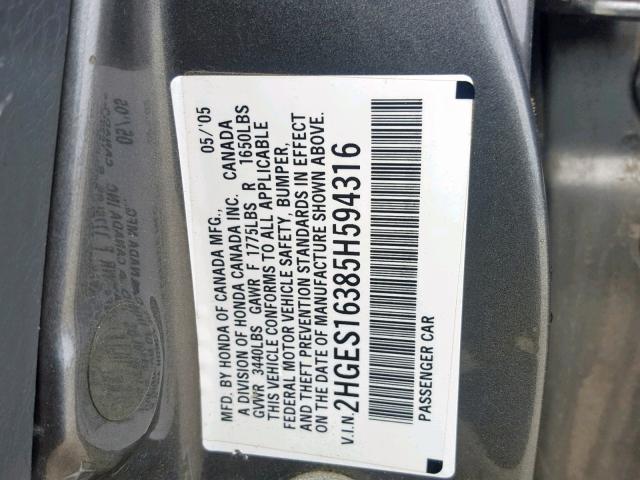 2HGES16385H594316 - 2005 HONDA CIVIC DX V GRAY photo 10