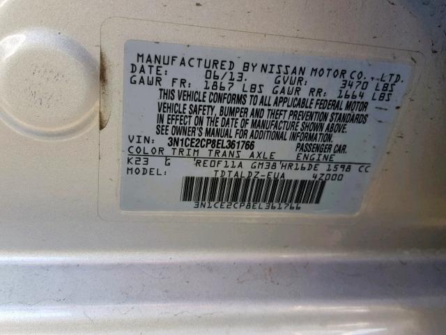 3N1CE2CP8EL361766 - 2014 NISSAN VERSA NOTE SILVER photo 10