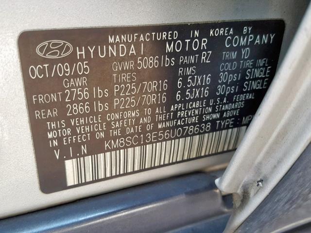 KM8SC13E56U078638 - 2006 HYUNDAI SANTA FE G SILVER photo 10