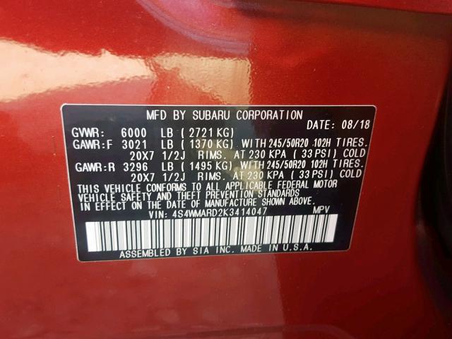 4S4WMARD2K3414047 - 2019 SUBARU ASCENT TOU RED photo 10