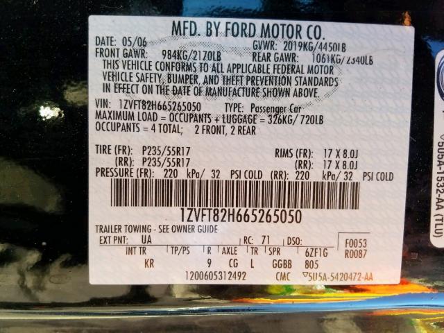 1ZVFT82H665265050 - 2006 FORD MUSTANG GT BLACK photo 10