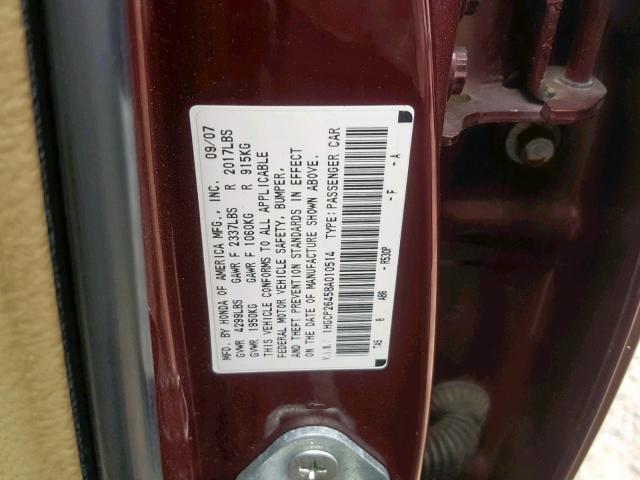 1HGCP26458A010514 - 2008 HONDA ACCORD LXP BURGUNDY photo 10