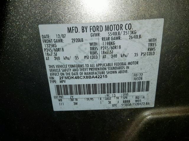 2FMDK48CX8BA42215 - 2008 FORD EDGE SEL GRAY photo 10