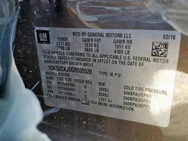 1GKS2CKJ5GR305529 - 2016 GMC YUKON DENA BROWN photo 10