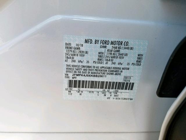 2FMPK4J9XKBB20611 - 2019 FORD EDGE SEL WHITE photo 10