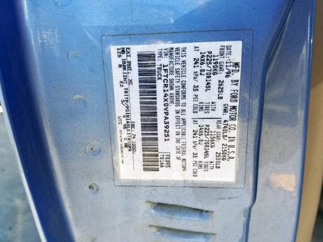 1FTCR14X0VPA39251 - 1997 FORD RANGER SUP BLUE photo 10