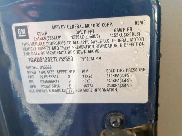 1GKDS13S272155859 - 2007 GMC ENVOY BLUE photo 10