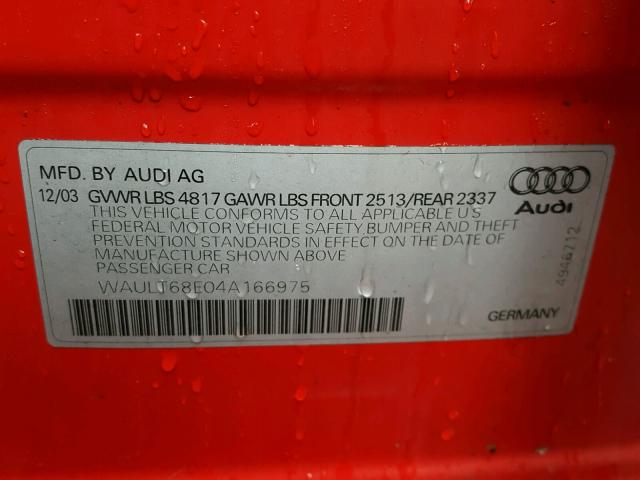 WAULT68E04A166975 - 2004 AUDI A4 3.0 QUA RED photo 10