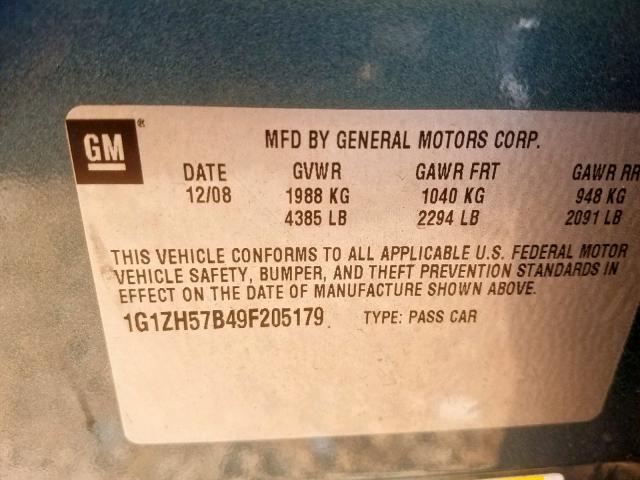 1G1ZH57B49F205179 - 2009 CHEVROLET MALIBU 1LT TEAL photo 10