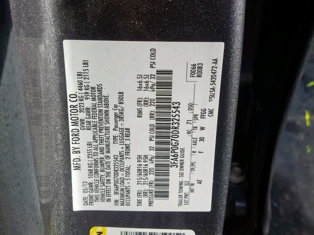 3FA6P0G70DR325543 - 2013 FORD FUSION S CHARCOAL photo 10