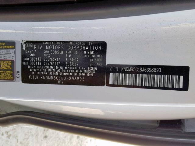 KNDMB5C18J6398893 - 2018 KIA SEDONA LX WHITE photo 10