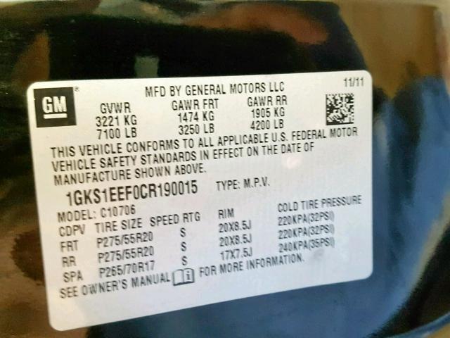 1GKS1EEF0CR190015 - 2012 GMC YUKON DENA BLACK photo 10