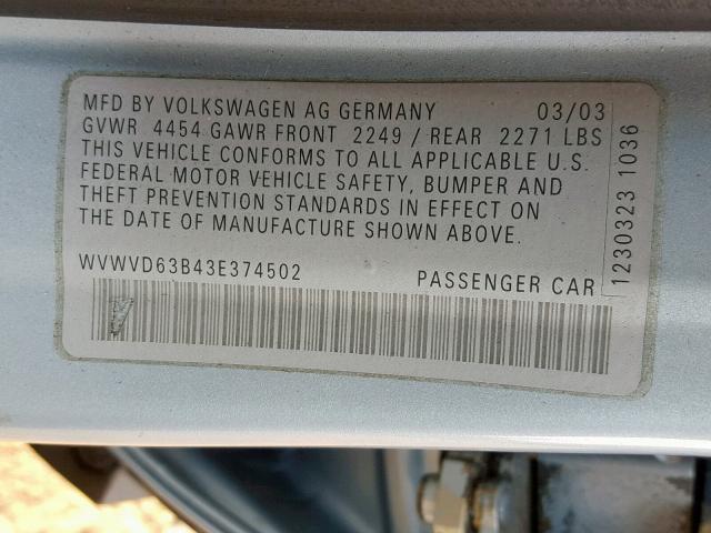 WVWVD63B43E374502 - 2003 VOLKSWAGEN PASSAT GLS BLUE photo 10