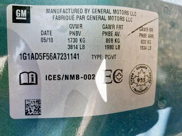 1G1AD5F56A7231141 - 2010 CHEVROLET COBALT 1LT GREEN photo 9