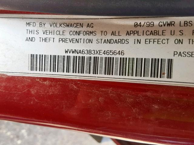 WVWNA63B3XE465646 - 1999 VOLKSWAGEN PASSAT GLS RED photo 10