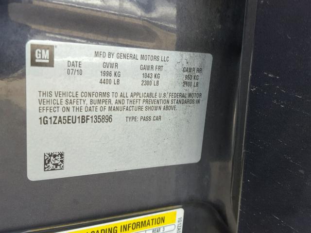 1G1ZA5EU1BF135896 - 2011 CHEVROLET MALIBU LS 灰色 照片 10