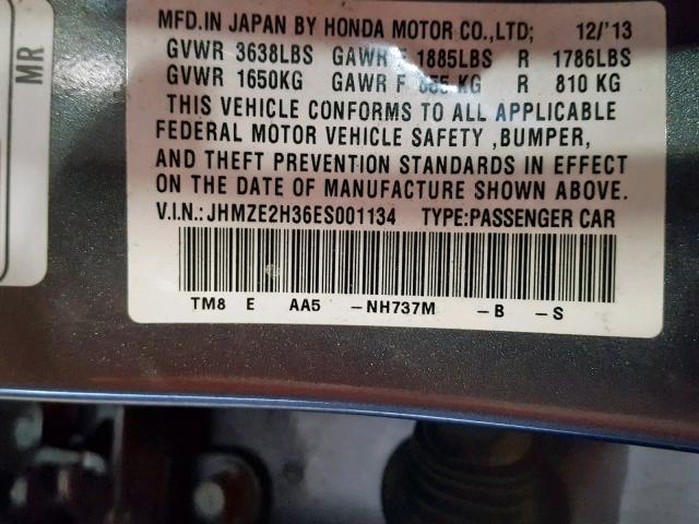 JHMZE2H36ES001134 - 2014 HONDA INSIGHT GRAY photo 10