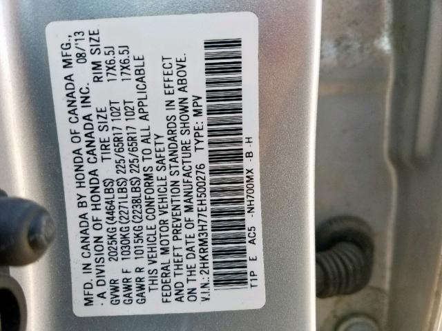 2HKRM3H77EH500276 - 2014 HONDA CR-V EXL SILVER photo 10