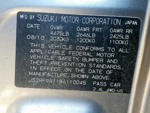 JS2RF9A11B6110045 - 2011 SUZUKI KIZASHI S GRAY photo 10