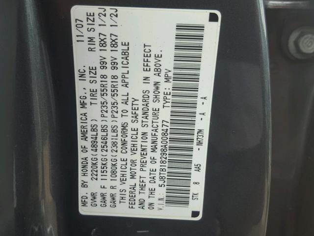 5J8TB18298A008477 - 2008 ACURA RDX GRAY photo 10