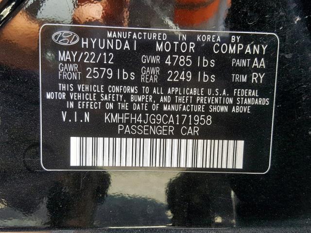 KMHFH4JG9CA171958 - 2012 HYUNDAI AZERA GLS BLACK photo 10