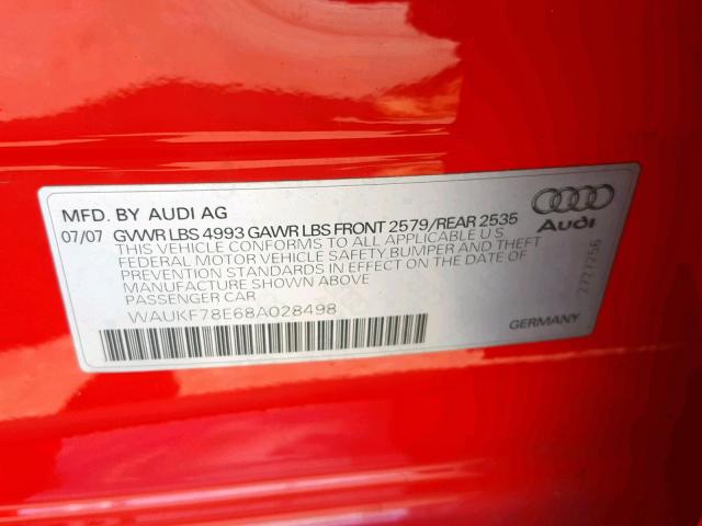 WAUKF78E68A028498 - 2008 AUDI A4 2.0T AV RED photo 10