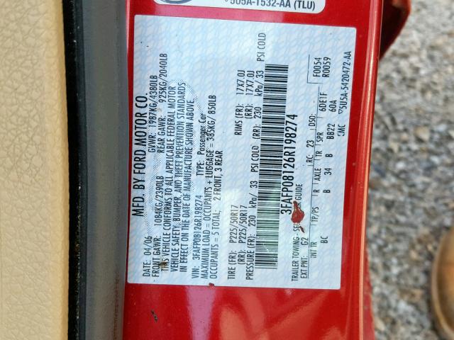 3FAFP08126R198274 - 2006 FORD FUSION SEL RED photo 10