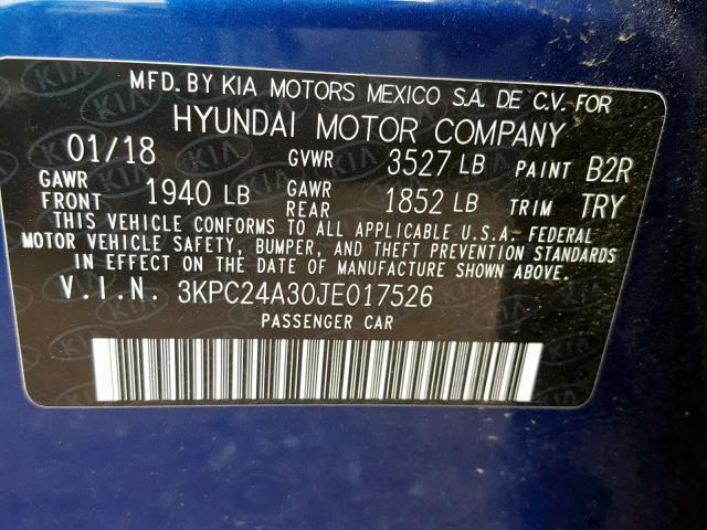 3KPC24A30JE017526 - 2018 HYUNDAI ACCENT SE BLUE photo 10