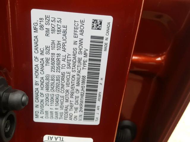 2HKRW1H82JH518668 - 2018 HONDA CR-V EXL BURGUNDY photo 10