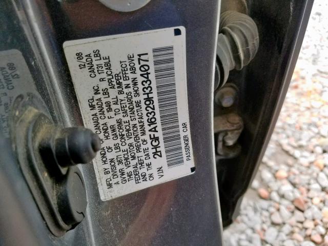 2HGFA16329H334071 - 2009 HONDA CIVIC VP GRAY photo 10