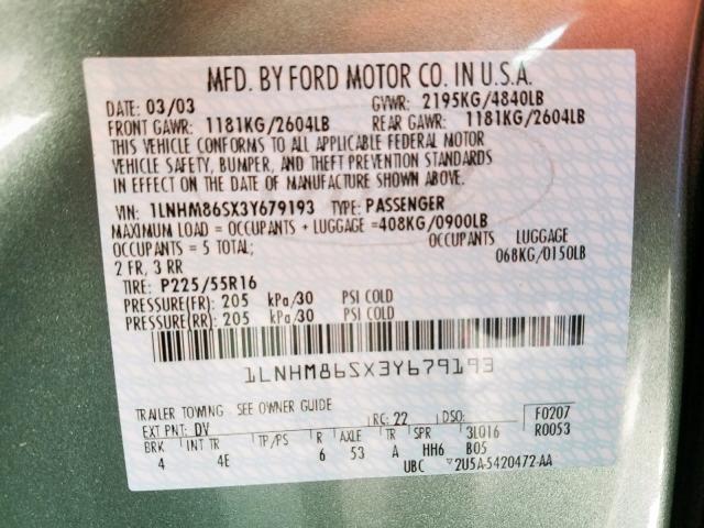 1LNHM86SX3Y679193 - 2003 LINCOLN LS 绿色 照片 10