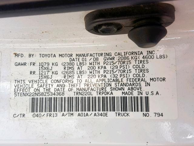 5TENX22N58Z534368 - 2008 TOYOTA TACOMA WHITE photo 10