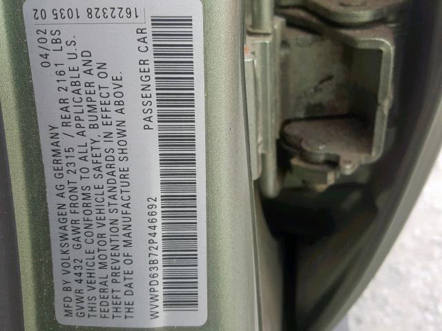 WVWPD63B72P446692 - 2002 VOLKSWAGEN PASSAT GLS GREEN photo 10