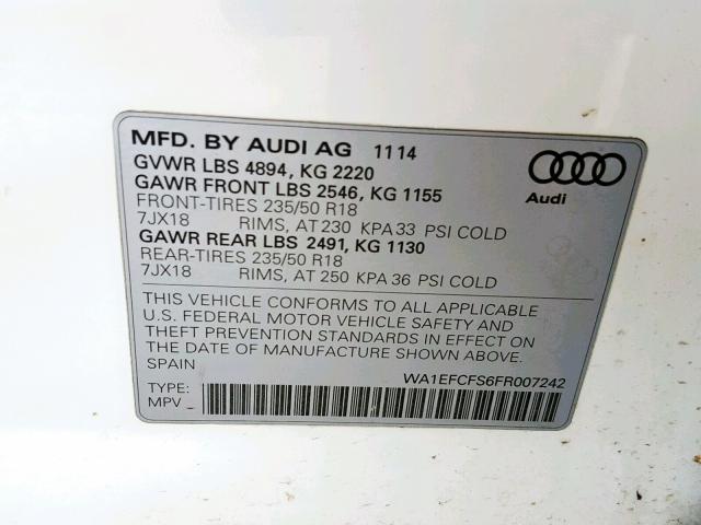 WA1EFCFS6FR007242 - 2015 AUDI Q3 PREMIUM WHITE photo 10