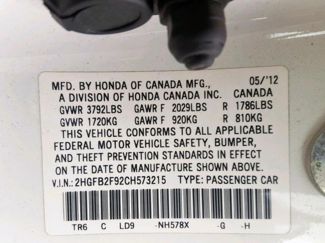 2HGFB2F92CH573215 - 2012 HONDA CIVIC EXL 白色 照片 10