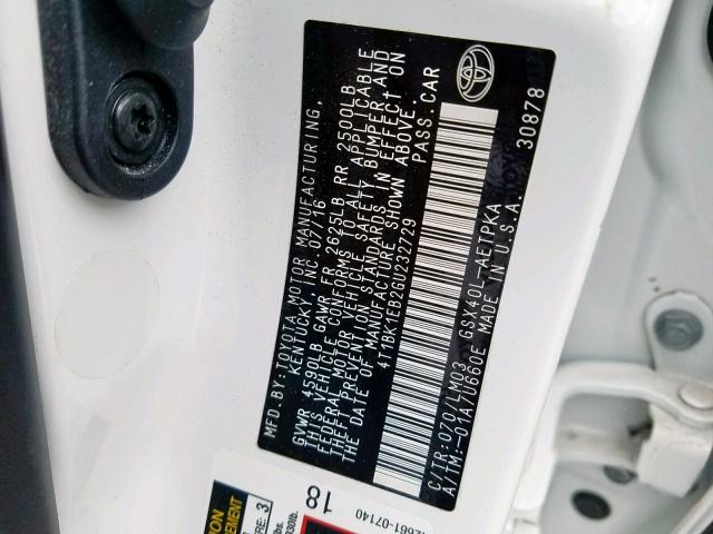 4T1BK1EB2GU232729 - 2016 TOYOTA AVALON XLE WHITE photo 10