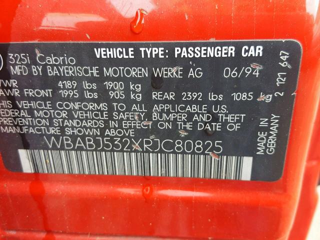 WBABJ532XRJC80825 - 1994 BMW 325 IC RED photo 10