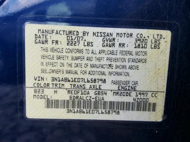 3N1AB61E07L658798 - 2007 NISSAN SENTRA 2.0 BLUE photo 10