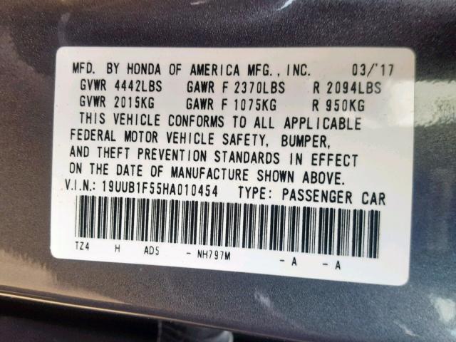 19UUB1F55HA010454 - 2017 ACURA TLX TECH GRAY photo 10