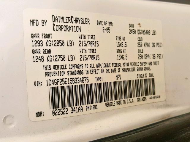 1D4GP25E15B334675 - 2005 DODGE CARAVAN SE WHITE photo 10