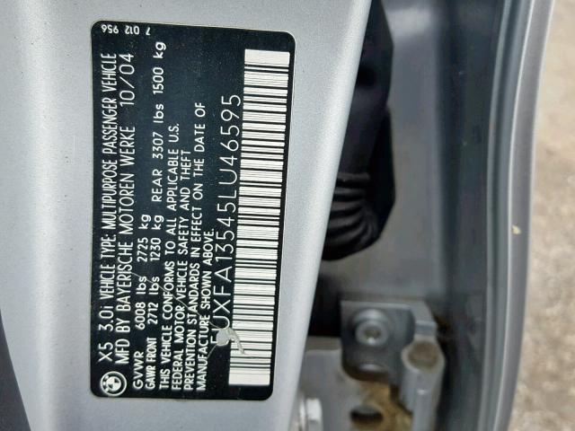 5UXFA13545LU46595 - 2005 BMW X5 3.0I SILVER photo 10