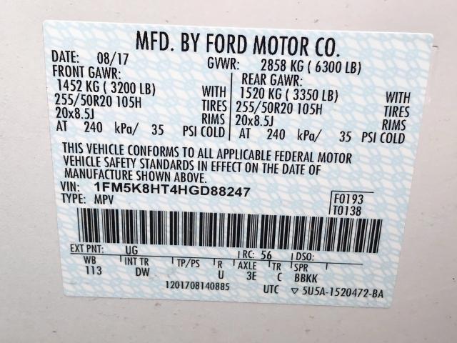 1FM5K8HT4HGD88247 - 2017 FORD EXPLORER P WHITE photo 10