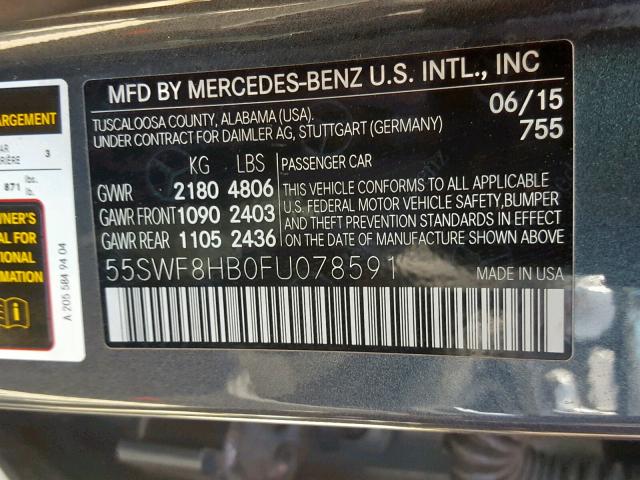 55SWF8HB0FU078591 - 2015 MERCEDES-BENZ C 63 AMG-S GRAY photo 10