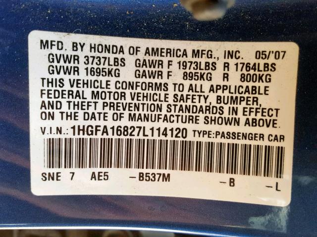 1HGFA16827L114120 - 2007 HONDA CIVIC EX BLUE photo 10