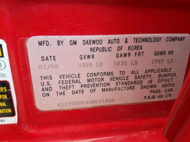 KL1TD56646B641408 - 2006 CHEVROLET AVEO BASE RED photo 10