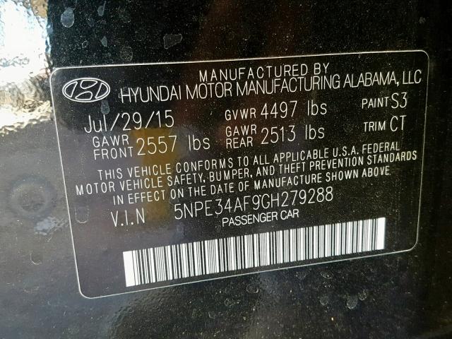 5NPE34AF9GH279288 - 2016 HYUNDAI SONATA SPO BLACK photo 10