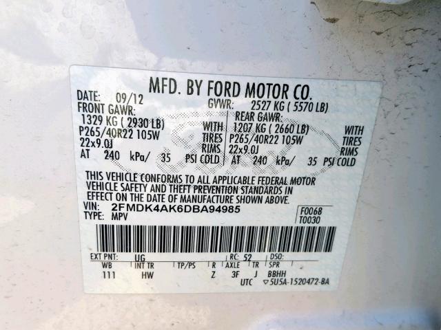 2FMDK4AK6DBA94985 - 2013 FORD EDGE SPORT WHITE photo 10