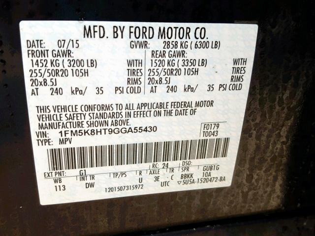 1FM5K8HT9GGA55430 - 2016 FORD EXPLORER P BLACK photo 10