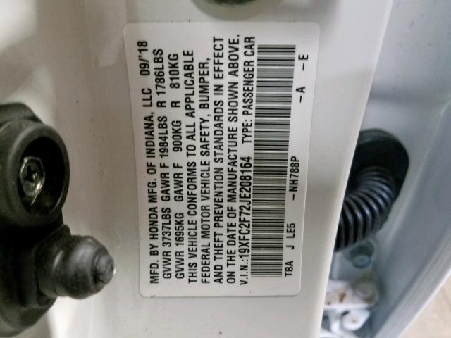 19XFC2F72JE208164 - 2018 HONDA CIVIC EX Beyaz fotoğraf 10