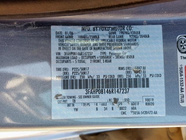 3FAHP08146R147237 - 2006 FORD FUSION SEL GRAY photo 10